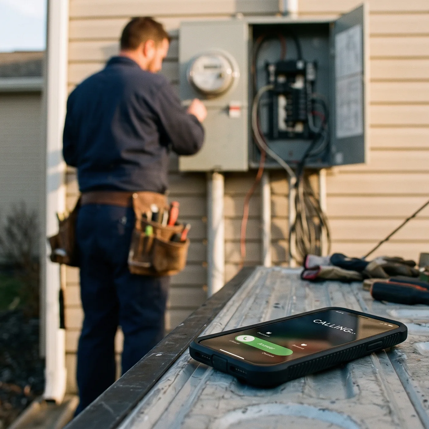 A Fort Myers electrician working at a home's power meter while his phone lights up with an incoming call on his truck bed