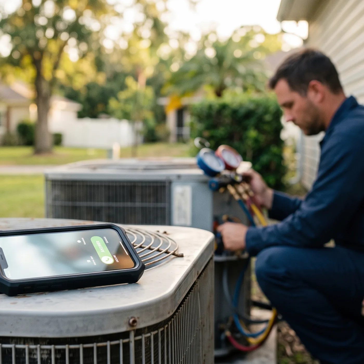 A Fort Myers HVAC technician on the job while a call he can't answer lights up the phone beside him