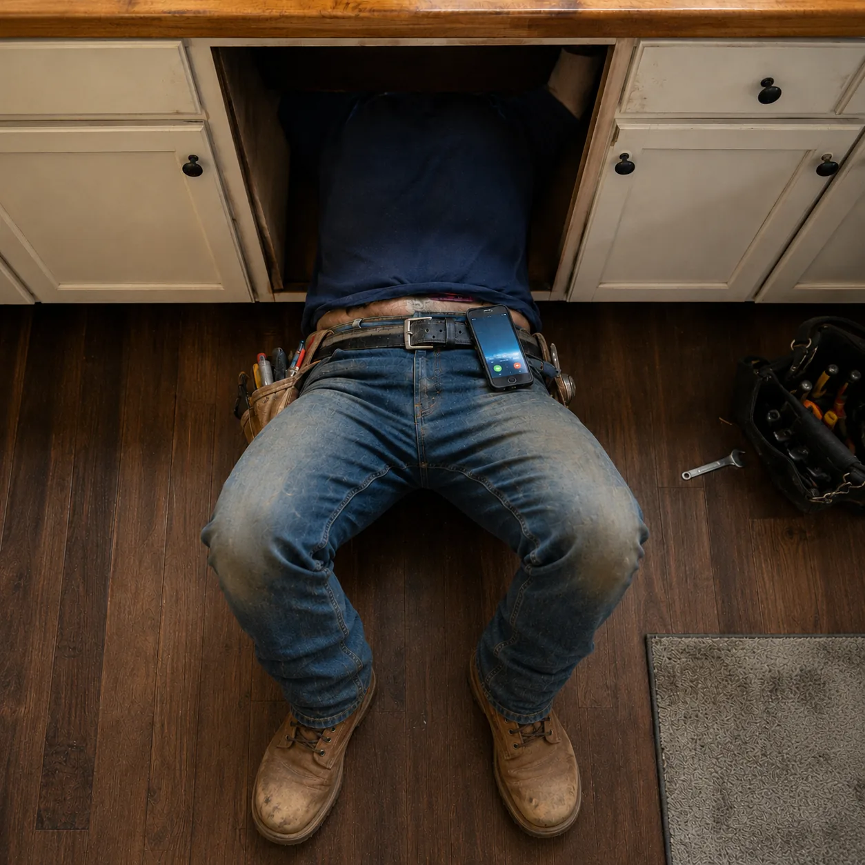 A Fort Myers plumber on his back working under a kitchen sink while a call comes in on the phone clipped to his belt
