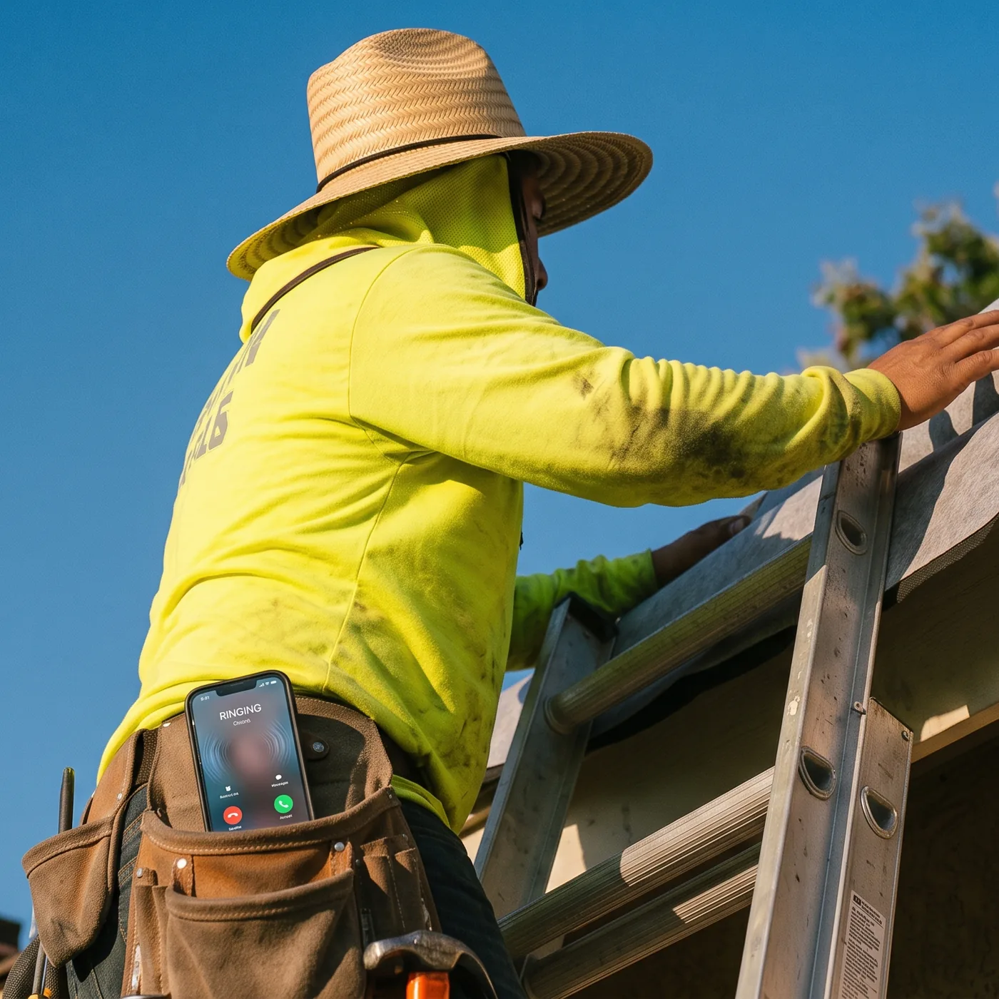 A Fort Myers roofer climbing a ladder onto a roof while his phone lights up with an incoming call