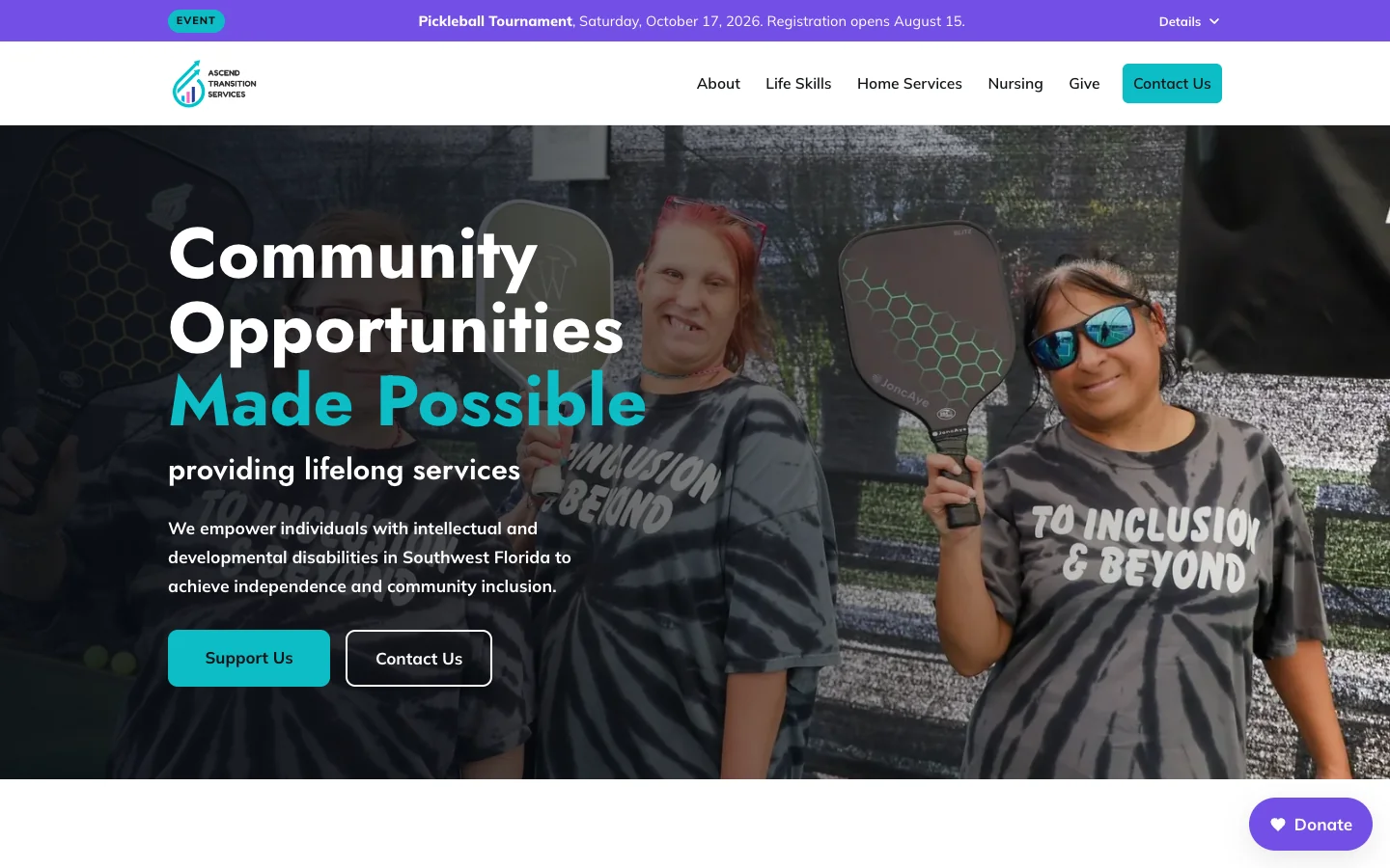 Ascend Transition Services homepage, Community Opportunities Made Possible